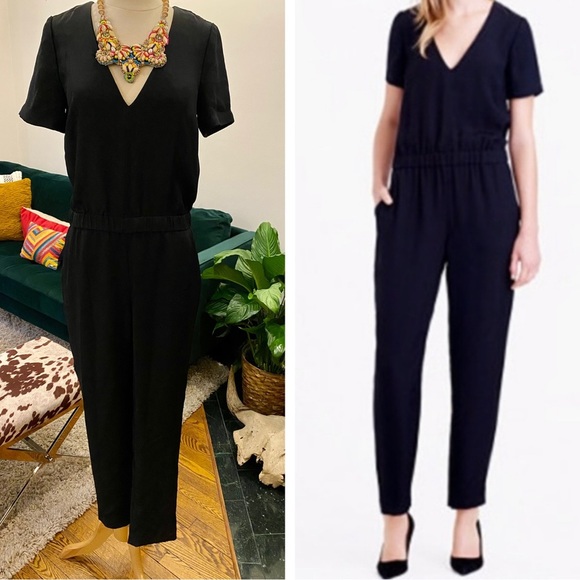 J. Crew Collection Chic Black Cinch Waist Cap Sleeve V-neck Jumpsuit Pant Suit